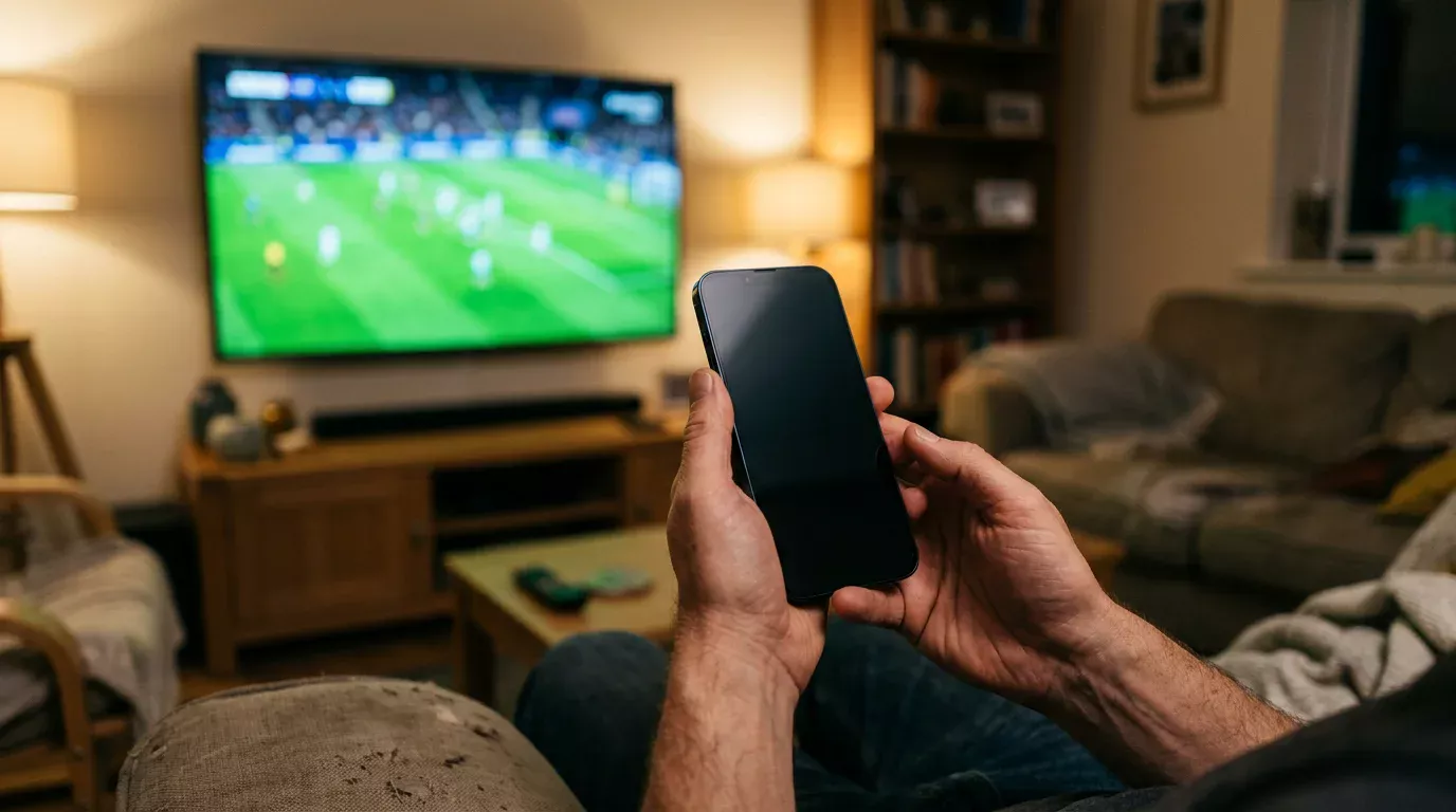 Persona sosteniendo un teléfono móvil mientras sigue un partido de fútbol