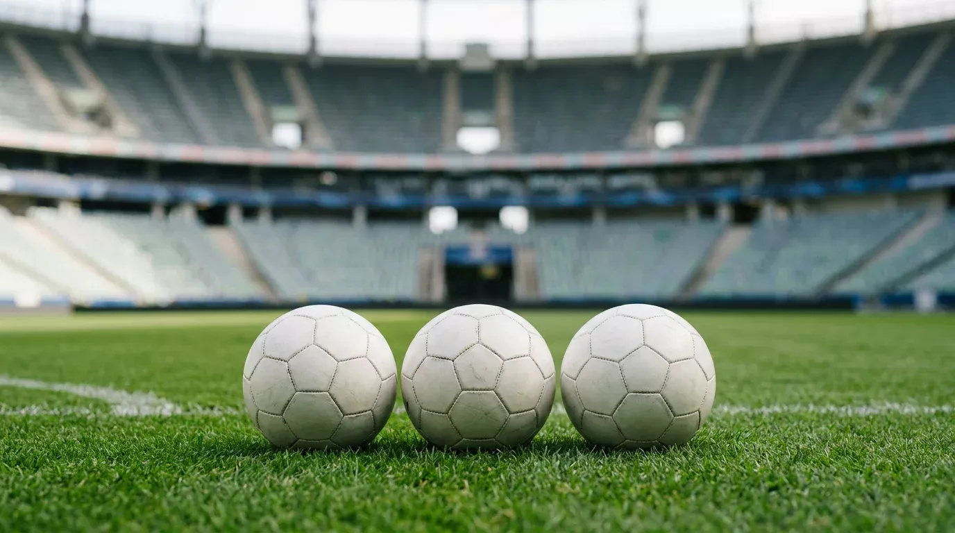 Varios balones de fútbol alineados sobre el césped de un campo