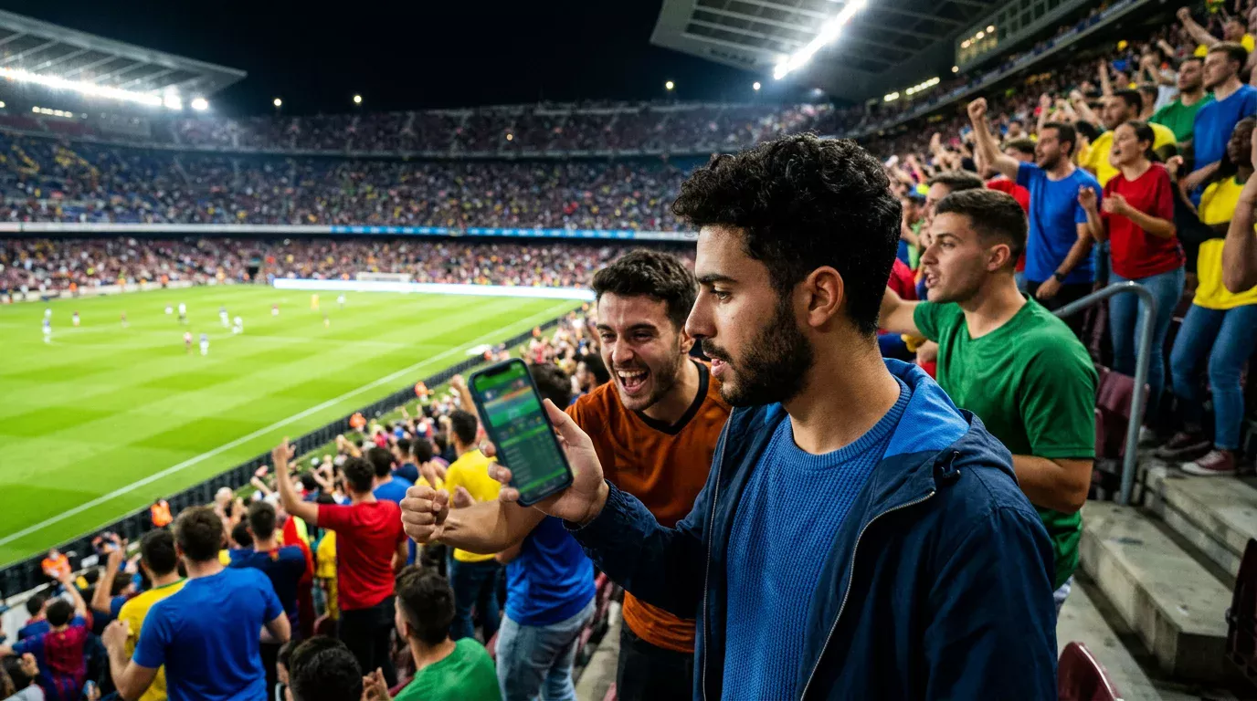Aficionados viendo partido de fútbol en estadio con smartphone mostrando cuotas de apuestas en vivo