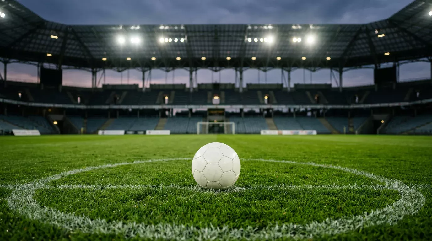 Balón de fútbol sobre el césped en el círculo central de un estadio iluminado