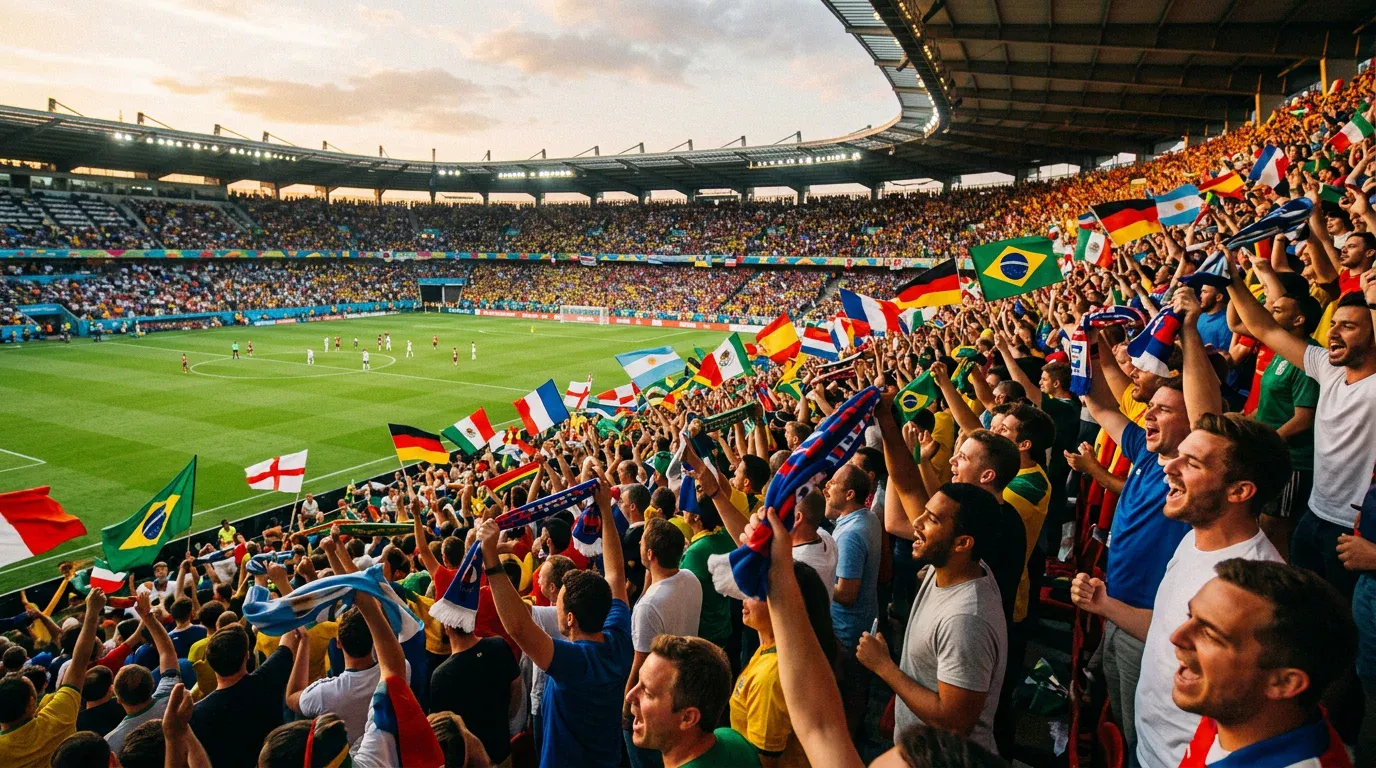 Aficionados celebrando con banderas en un estadio durante un partido del Mundial de Fútbol