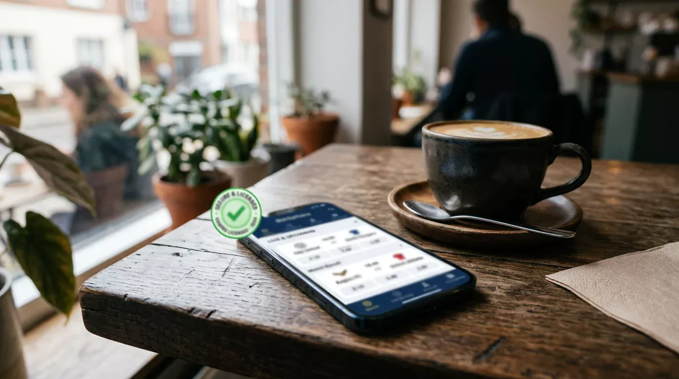 Smartphone mostrando app de apuestas deportivas con sello de licencia DGOJ sobre mesa de madera