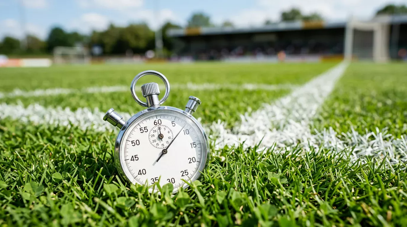 Cronómetro deportivo sobre el césped de un campo de fútbol