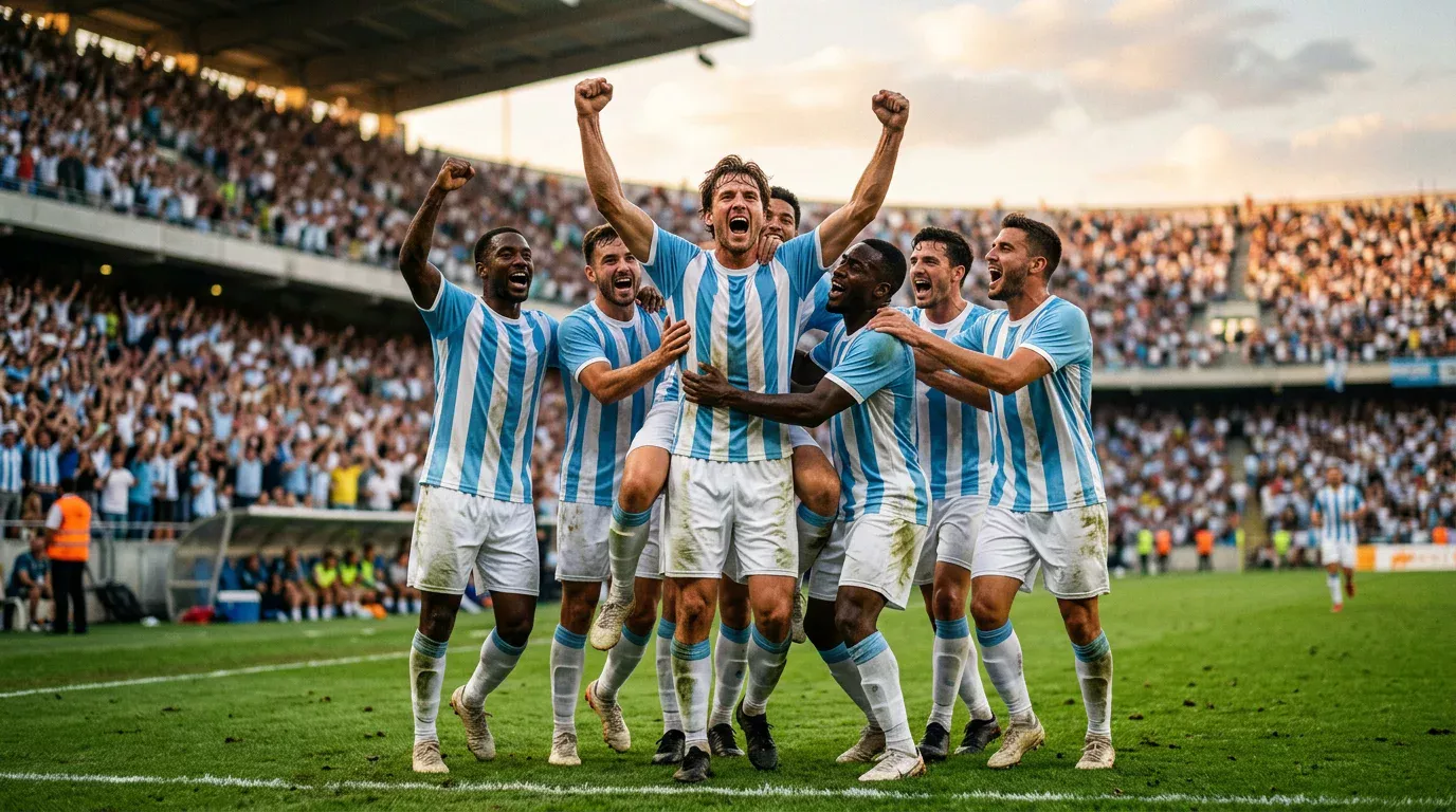 Jugadores de fútbol con camisetas celestes y blancas celebrando en el césped de un estadio