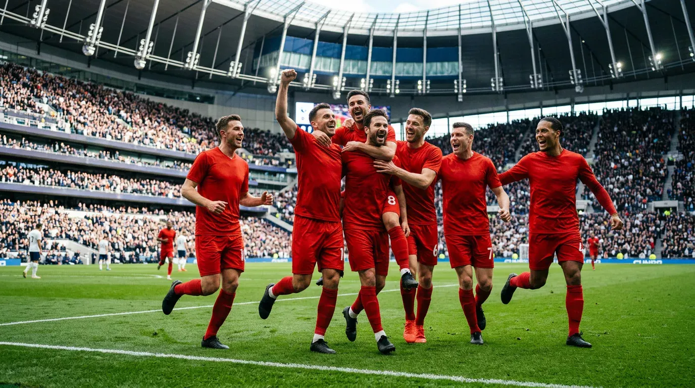 Jugadores de una selección de fútbol con camiseta roja celebrando un gol en un estadio