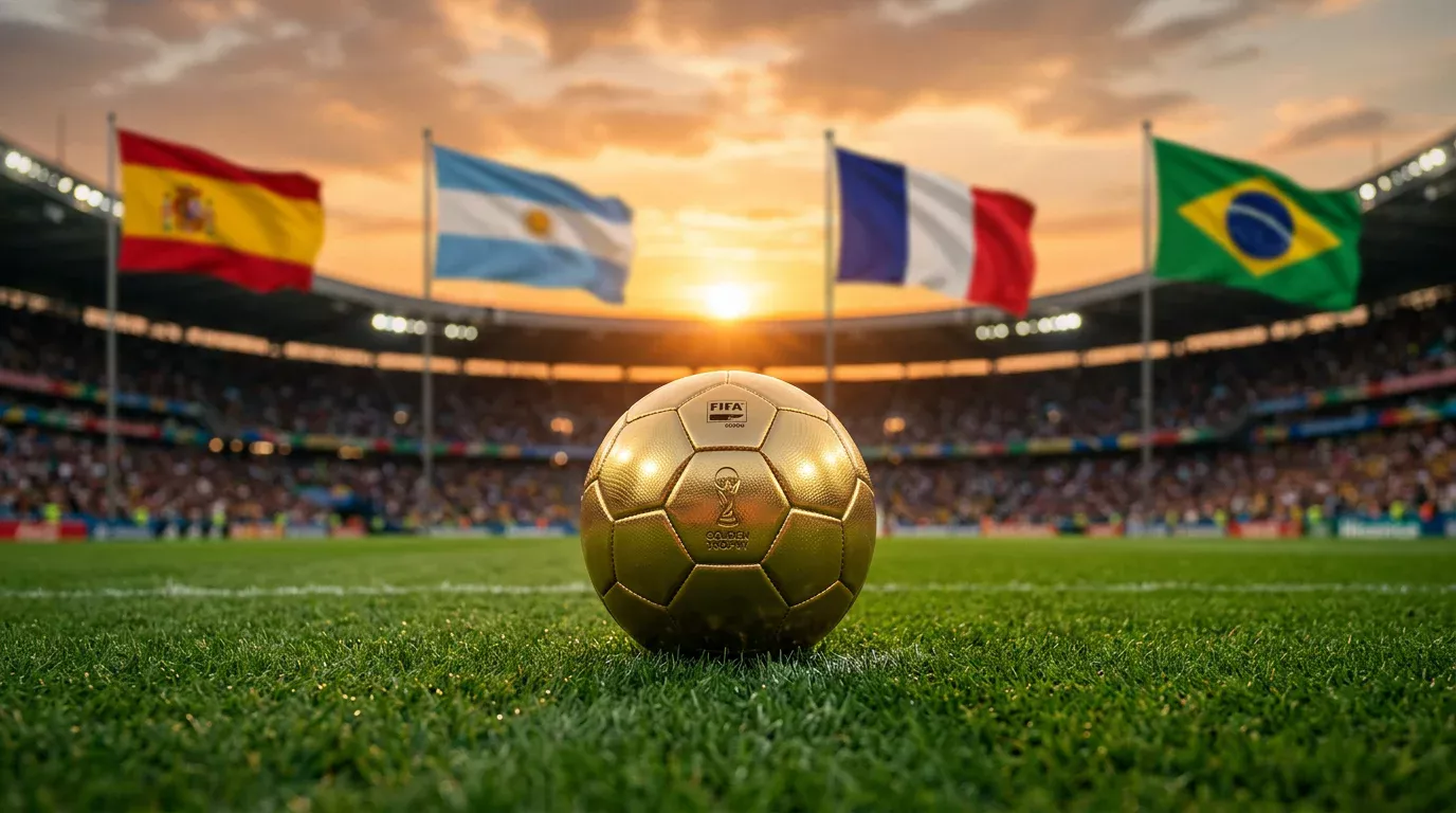 Balón de fútbol dorado sobre césped de estadio con banderas de selecciones favoritas del Mundial 2026