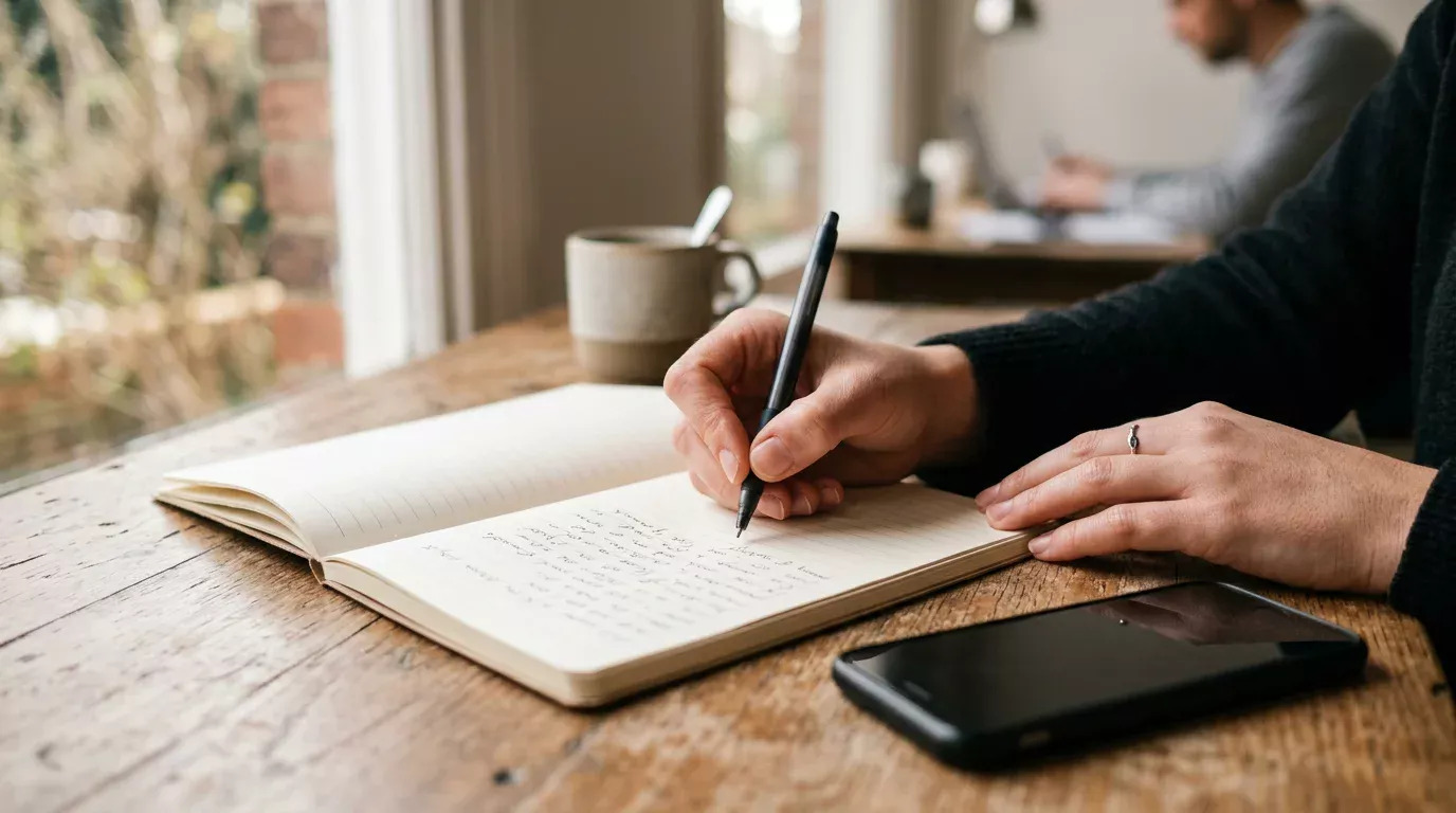 Persona escribiendo anotaciones en un cuaderno junto a un teléfono móvil