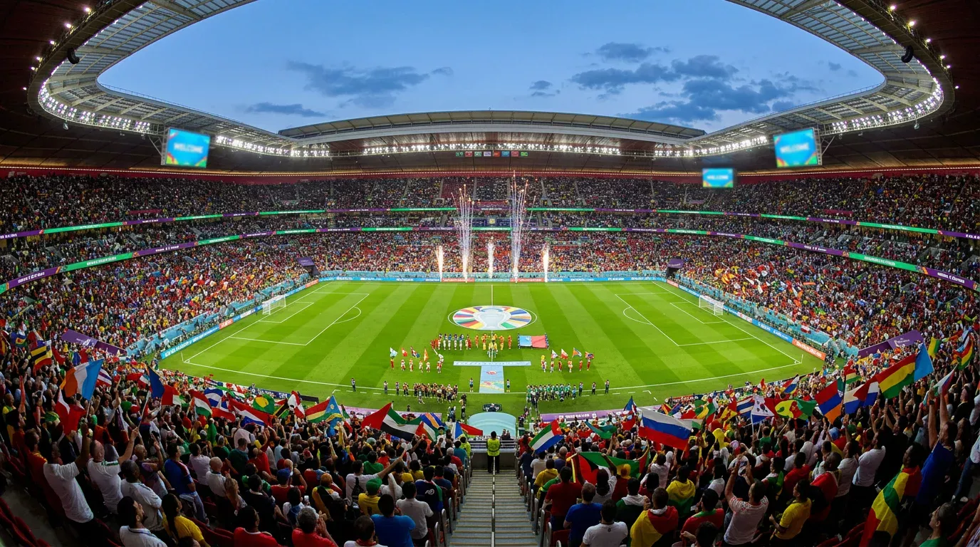 Estadio de fútbol repleto con banderas de 48 selecciones del Mundial 2026 en las gradas