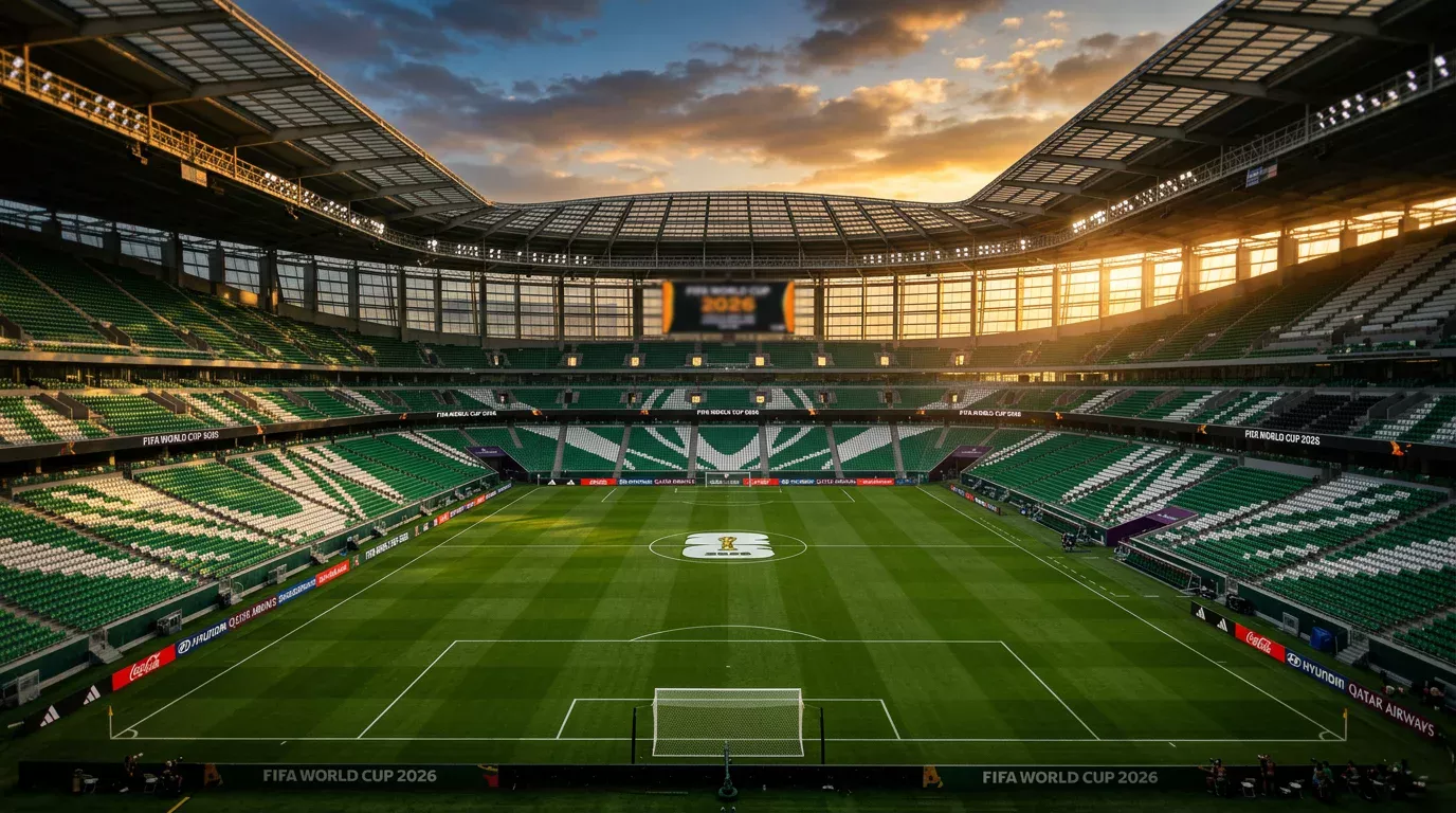 Estadio de fútbol preparado para el Mundial 2026 con gráficos de cuotas de apuestas