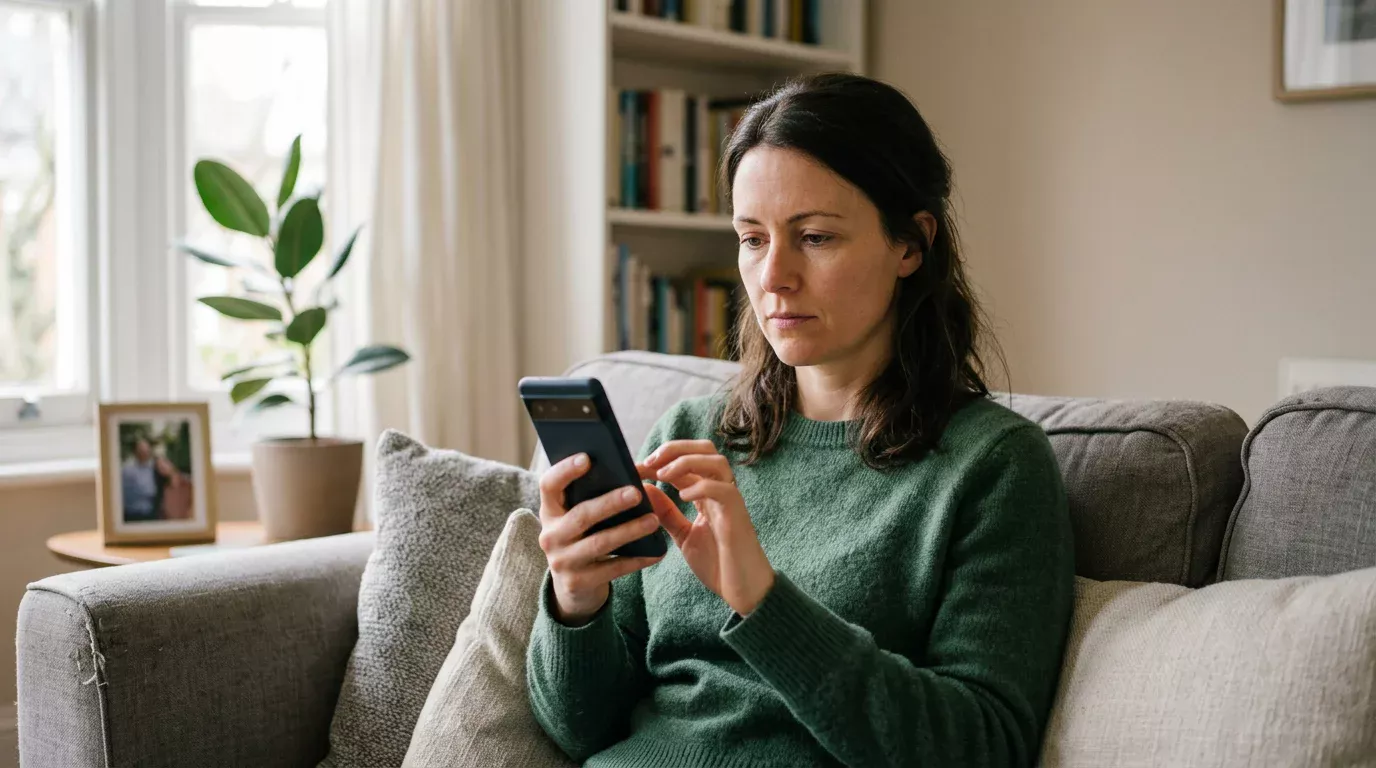 Persona mirando la pantalla de un teléfono móvil en un entorno tranquilo