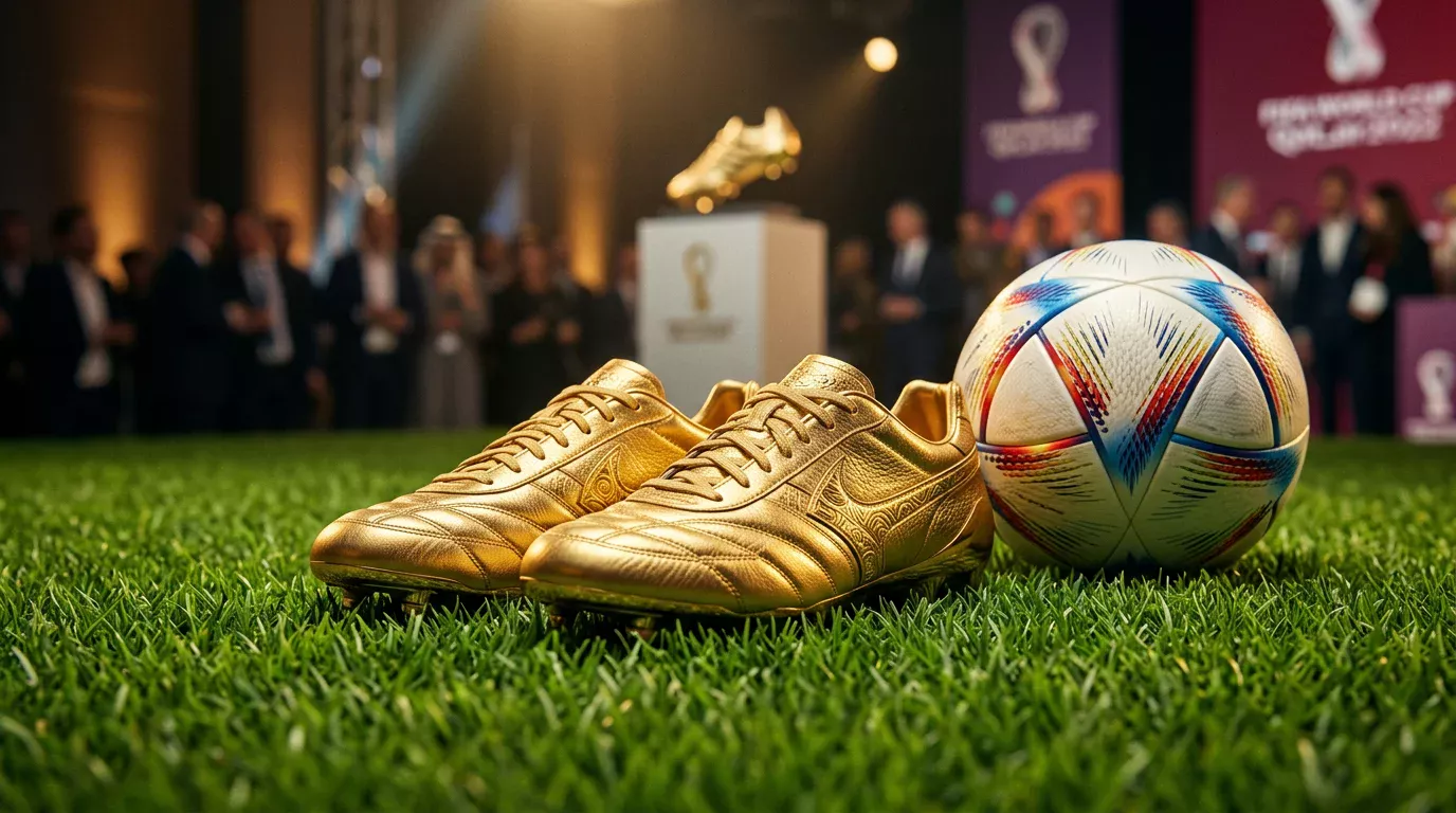 Botas de fútbol doradas junto a balón del Mundial sobre césped con trofeo de goleador al fondo